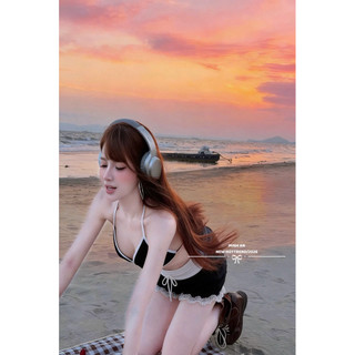 Set bikini nữ kèm choàng giấy slay phối ren đi biển a35