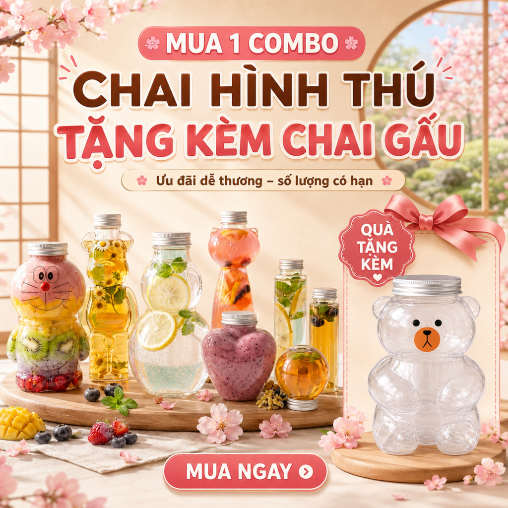 Combo 25 Chai Nhựa Hình Thú 300ml-500ml – Chai Đựng Trà Sữa, Nước Ép, Detox, Đồ Uống Take Away Kèm Nắp