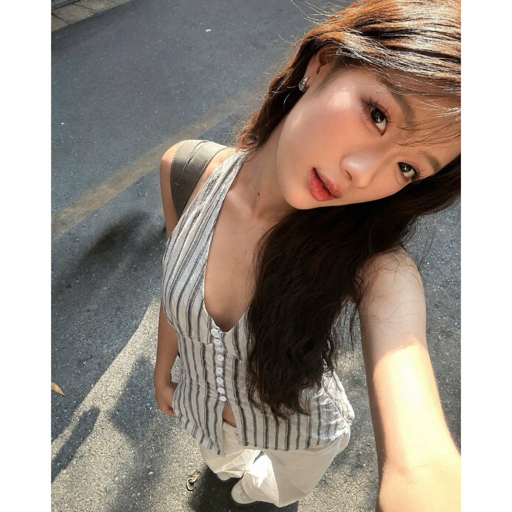 Áo Cổ Yếm Hở Lưng Cột Dây Cổ Kẻ Sọc Bo Eo Fit Dáng Đi Biển Vải Linen Cao Cấp SAN Clothings - P197