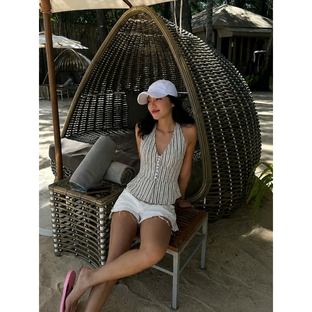 Áo Cổ Yếm Hở Lưng Cột Dây Cổ Kẻ Sọc Bo Eo Fit Dáng Đi Biển Vải Linen Cao Cấp SAN Clothings - P197