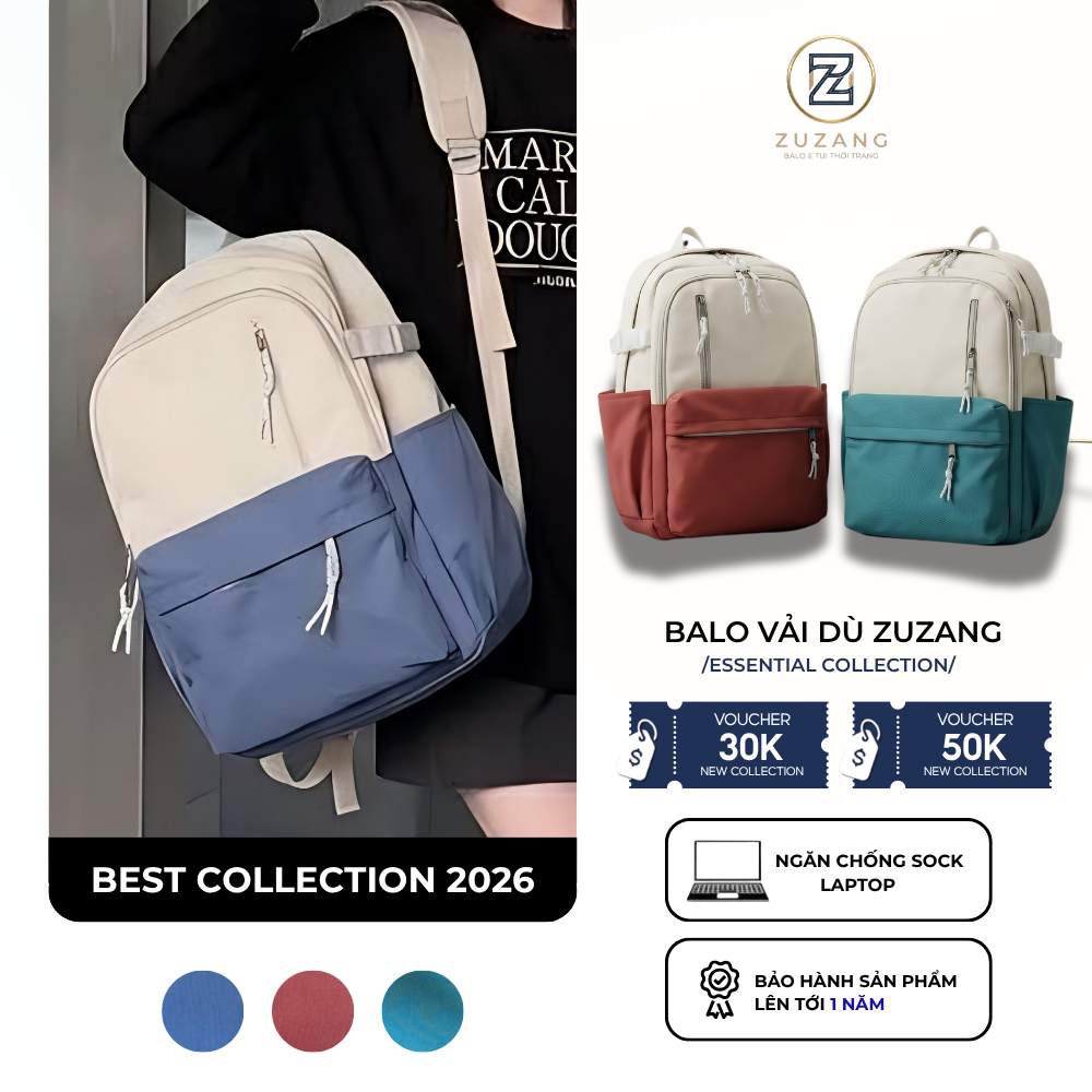 Balo Vải Dù ZuZang Cao Cấp Unisex Size 42 Form Rộng Đựng Laptop Đi Học Đi Làm Phối Màu Trendy