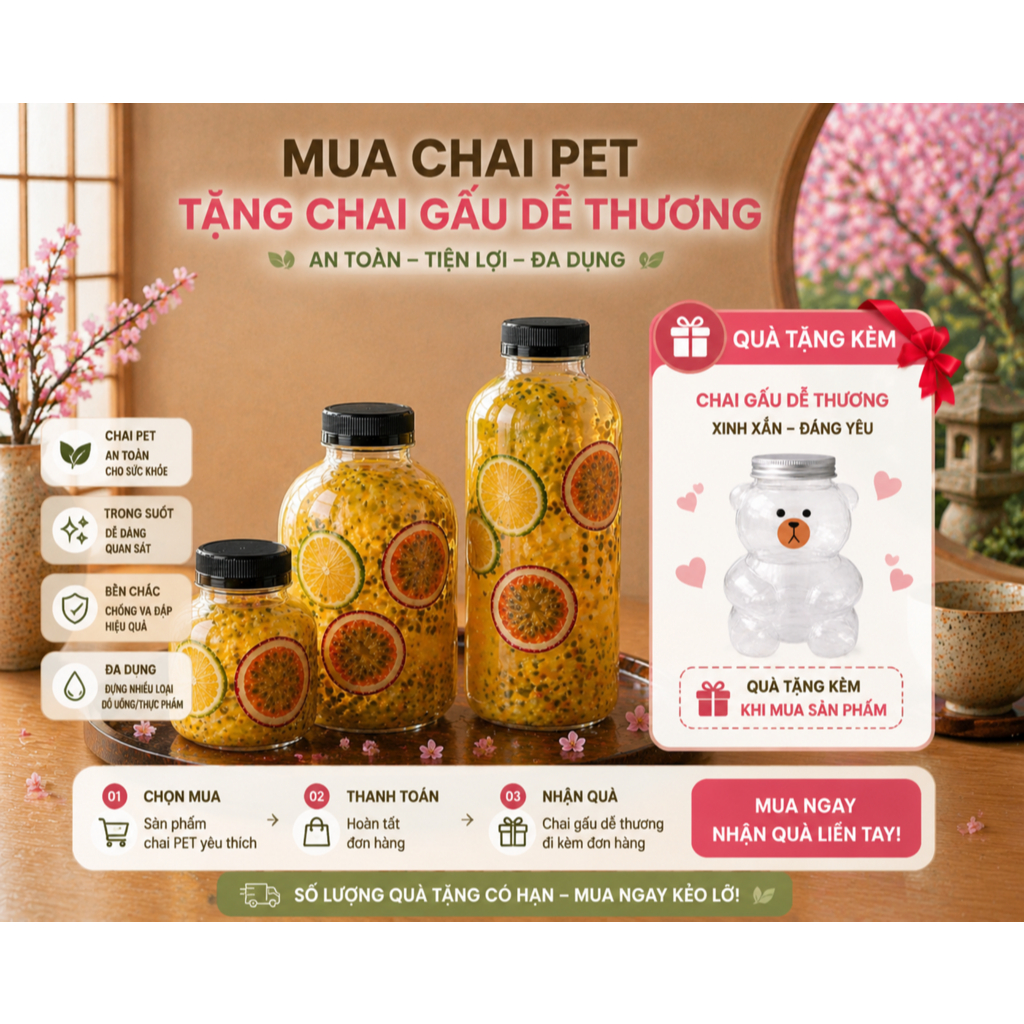 Combo 25 Chai Nhựa 400ml/600ml/1000ml Kèm Nắp – Chai Đựng Trà Sữa, Nước Ép, Sữa Hạt, Detox, Đồ Uống Take Away