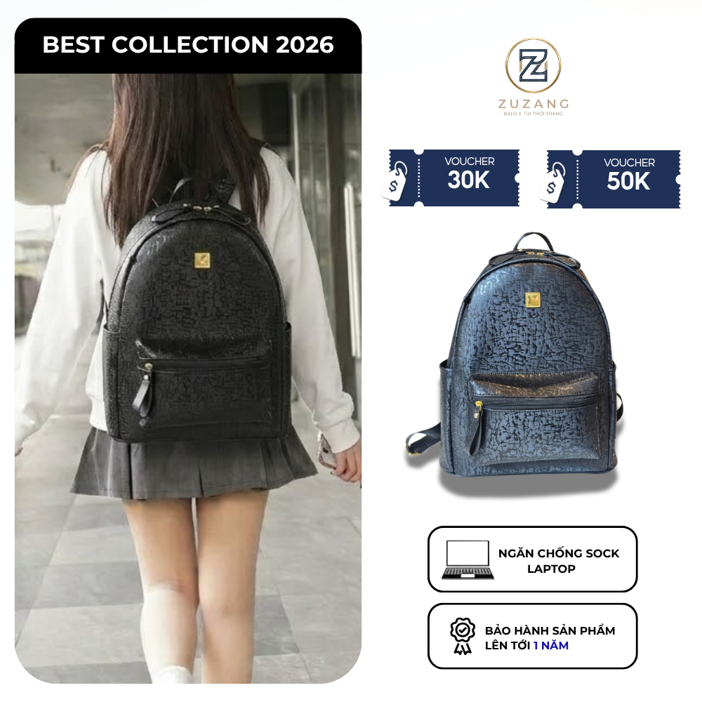 Balo Crackle Đen Size 38 ZuZang Cao Cấp Unisex Da PU Chống Nước Form Rộng Đi Học Đi Chơi Đi Làm