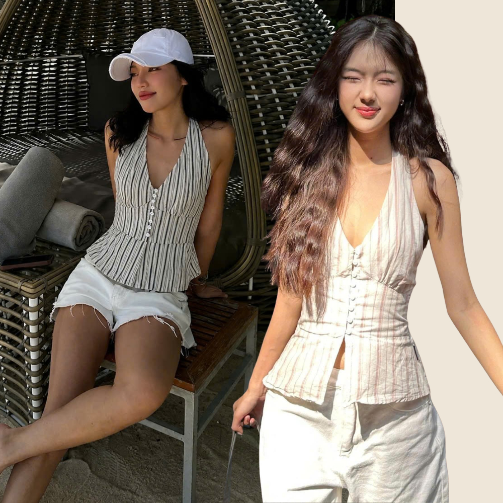 Áo Cổ Yếm Hở Lưng Cột Dây Cổ Kẻ Sọc Bo Eo Fit Dáng Đi Biển Vải Linen Cao Cấp SAN Clothings - P197