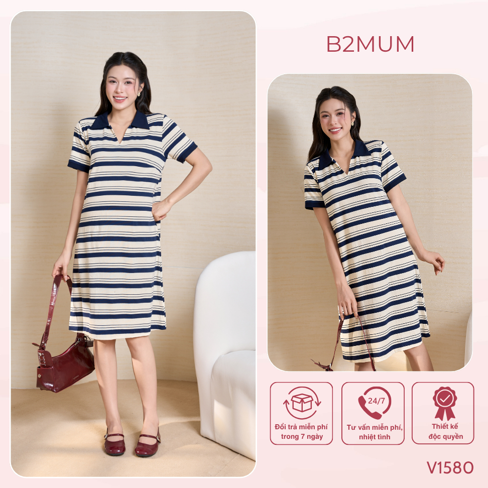 Đầm Bầu Suông Kẻ Ngang Chất Cotton Mềm Co Giãn - Váy Bầu Đi Làm, Đi Chơi, Dạo Phố Thoải Mái - Cirel Dress V1580 By B2MUM