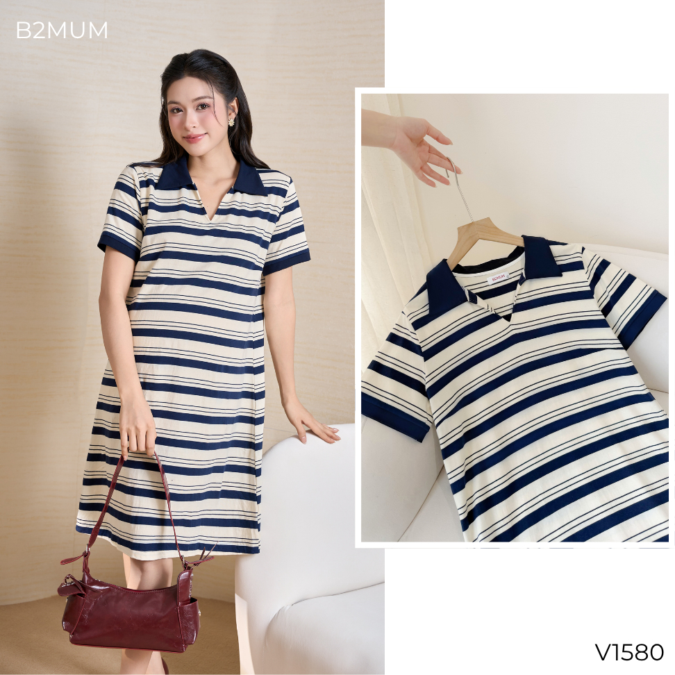 Đầm Bầu Suông Kẻ Ngang Chất Cotton Mềm Co Giãn - Váy Bầu Đi Làm, Đi Chơi, Dạo Phố Thoải Mái - Cirel Dress V1580 By B2MUM