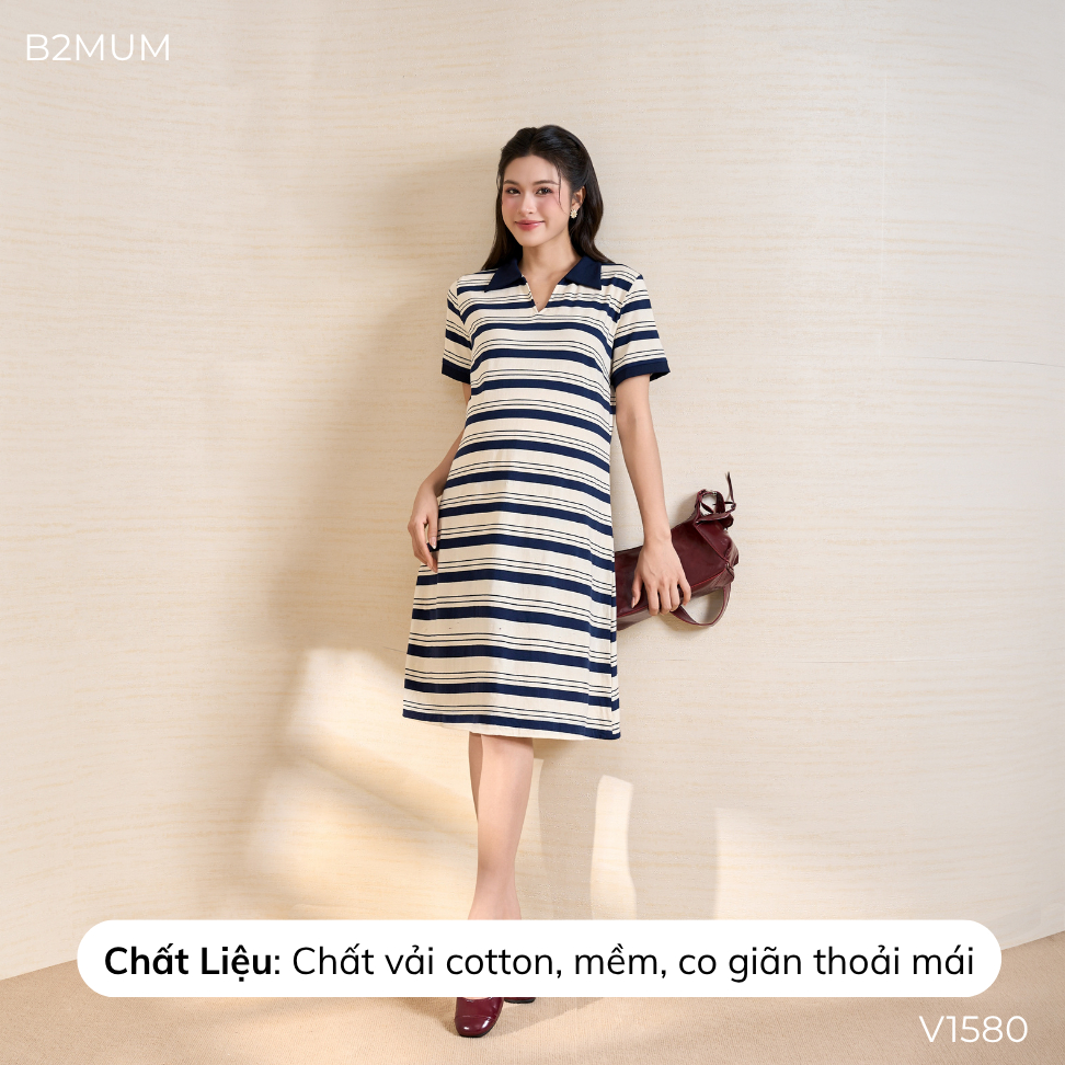 Đầm Bầu Suông Kẻ Ngang Chất Cotton Mềm Co Giãn - Váy Bầu Đi Làm, Đi Chơi, Dạo Phố Thoải Mái - Cirel Dress V1580 By B2MUM
