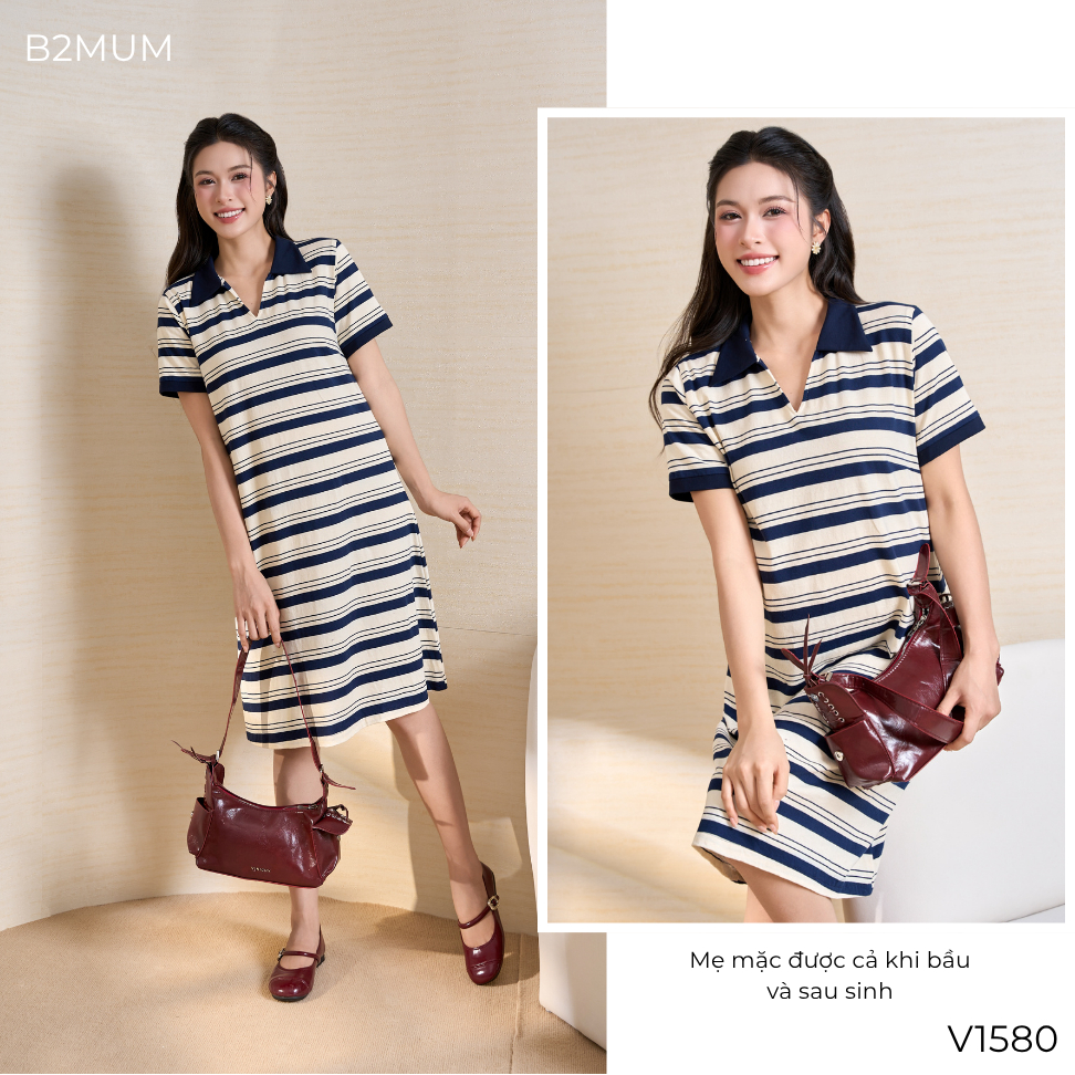 Đầm Bầu Suông Kẻ Ngang Chất Cotton Mềm Co Giãn - Váy Bầu Đi Làm, Đi Chơi, Dạo Phố Thoải Mái - Cirel Dress V1580 By B2MUM