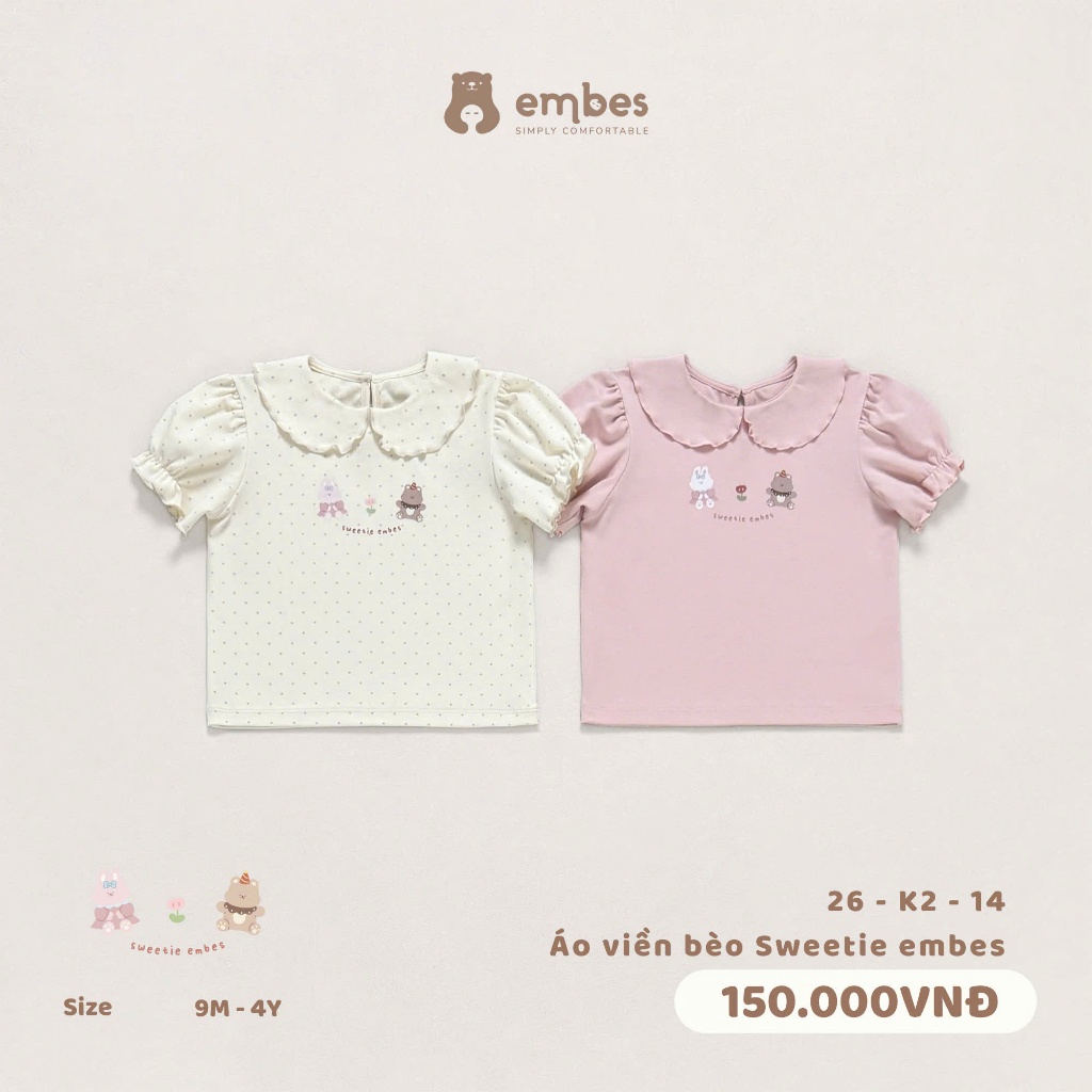 Áo Cộc Bé Gái Embes, Áo Cộc Tay Viền Bèo Phối Cổ Sen In Hình Chất Cotton Cho Bé Gái Size Từ 8-17Kg