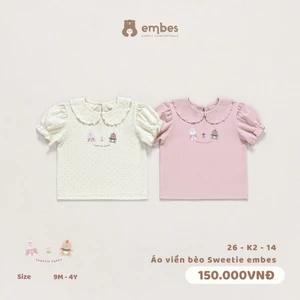 Áo Cộc Bé Gái Embes, Áo Cộc Tay Viền Bèo Phối Cổ Sen In Hình Chất Cotton Cho Bé Gái Size Từ 8-17Kg