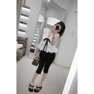 Set bộ thời trang nữ áo lụa cánh tiên cổ chữ V chân áo phồng hai lớp đính nơ dây mix quần umi ngố phong các tiểu thư