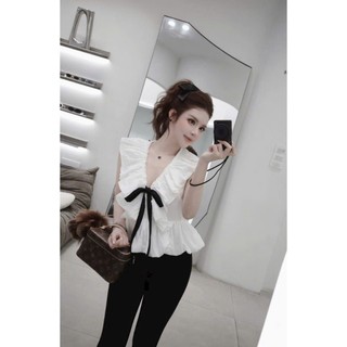 Set bộ thời trang nữ áo lụa cánh tiên cổ chữ V chân áo phồng hai lớp đính nơ dây mix quần umi ngố phong các tiểu thư