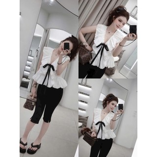 Set bộ thời trang nữ áo lụa cánh tiên cổ chữ V chân áo phồng hai lớp đính nơ dây mix quần umi ngố phong các tiểu thư