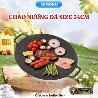 Samono Chảo nướng đá không dầu size 34cm chảo nướng thịt BBQ chống dính dùng được cho mọi loại bếp