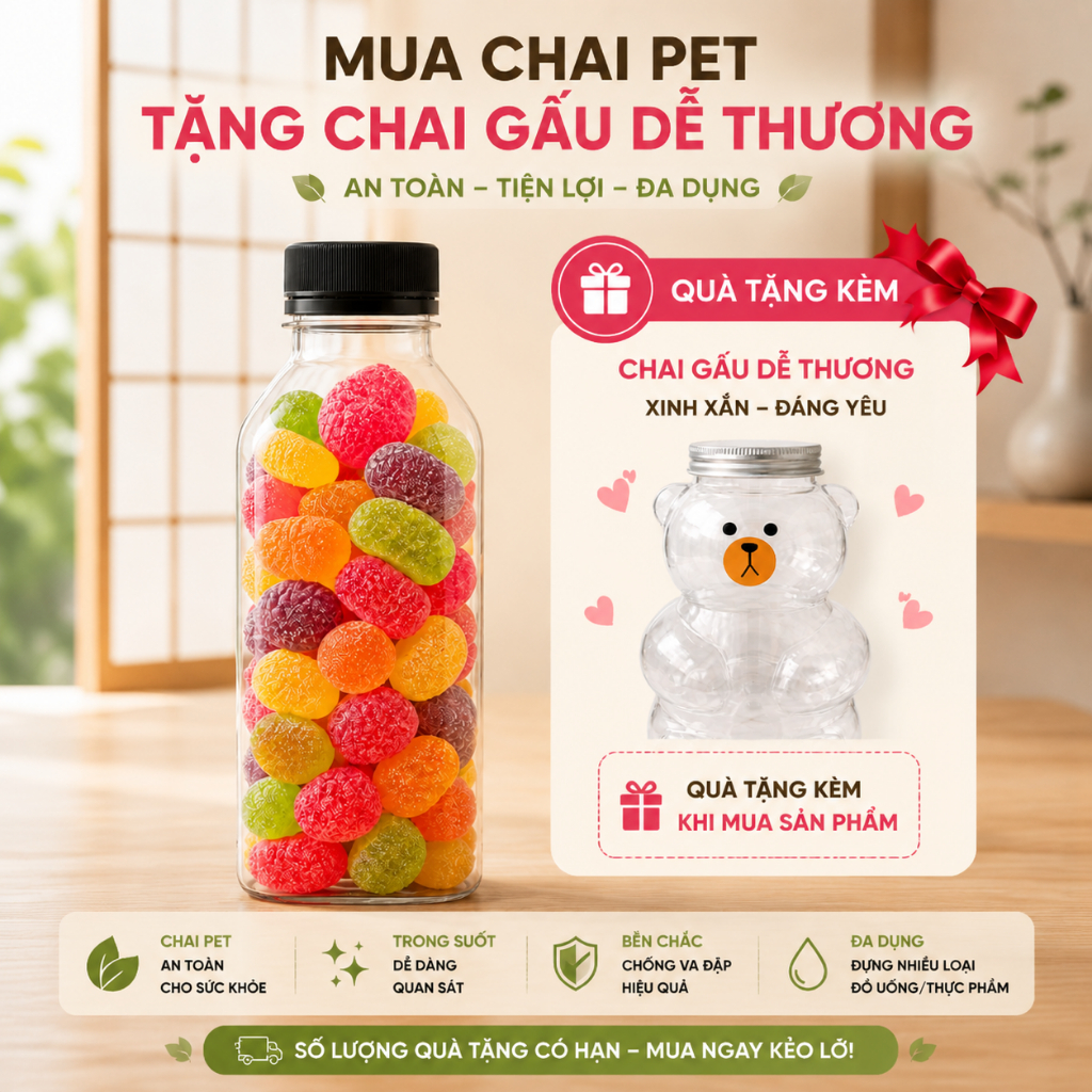 Combo 25 Chai Nhựa Vuông 280ml  – Chai Đựng Nước Ép, Trà Sữa, Detox, Sữa Hạt Kèm Nắp, Nhựa PET Bút Chì Phi 30