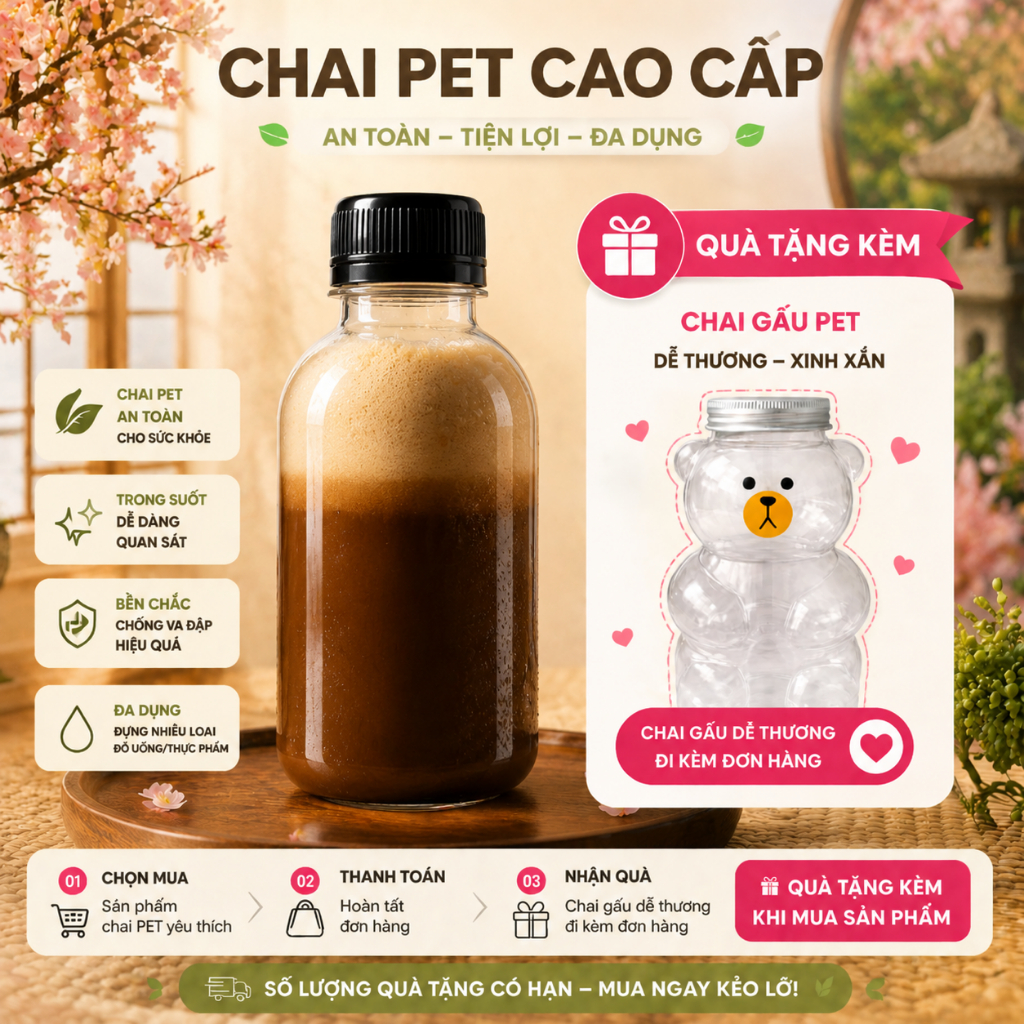 Combo 25 Chai Dẹp 220ml  Kèm Nắp Trắng/Đen – Chai Đựng Nước Ép, Trà Sữa, Detox, Sữa Hạt Take Away, Nhựa PET