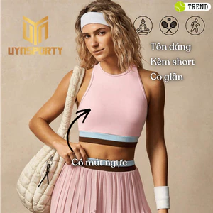 Đồ Tập Pickleball Nữ UYNSPORTY Áo Tank Croptop Racerback, Hở Lưng, Phối Sọc, Bộ Đồ Pickleball Nữ