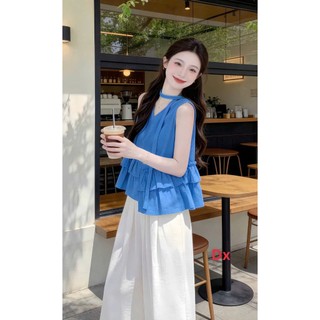 Set bộ thời trang nữ áo chất mango tay sát nách xếp li tầng kèm quần ống rộng có thể mặc ở nhà đi chơi điều được