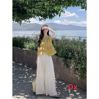 Set bộ thời trang nữ áo chất mango tay sát nách xếp li tầng kèm quần ống rộng có thể mặc ở nhà đi chơi điều được