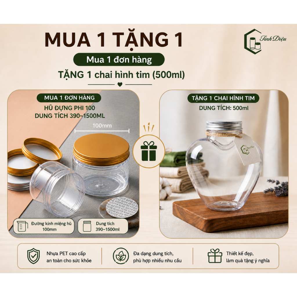 Combo 25 Hũ Nhựa PET Phi 100 Nắp Vặn Kèm Seal - Hũ Đựng Snack, Ngũ Cốc, Thực Phẩm - Tặng 1 Chai Tim