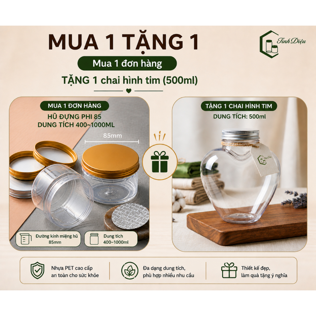 [Sỉ Tận Xưởng] Set 25 Hũ Nhựa PET Trong Dày Miệng 85 300-1050ml Nắp Vặn Đựng Thực Phẩm Khô Granola