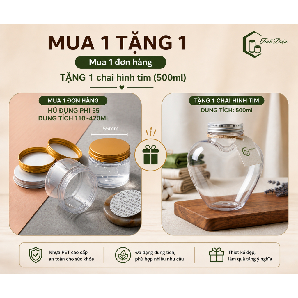 [Sỉ Tận Xưởng] Set 25 Hũ Nhựa PET Trong Dày Miệng 55 150-450ml Nắp Vặn Đựng Thực Phẩm Khô Bánh Kẹo