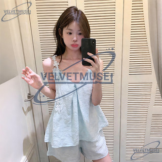 VM-Bộ Đồ Ngủ Nữ 2 Dây Hoa Thêu Mềm Mát Pijama Dáng Rộng Kèm Quần Short Lưng