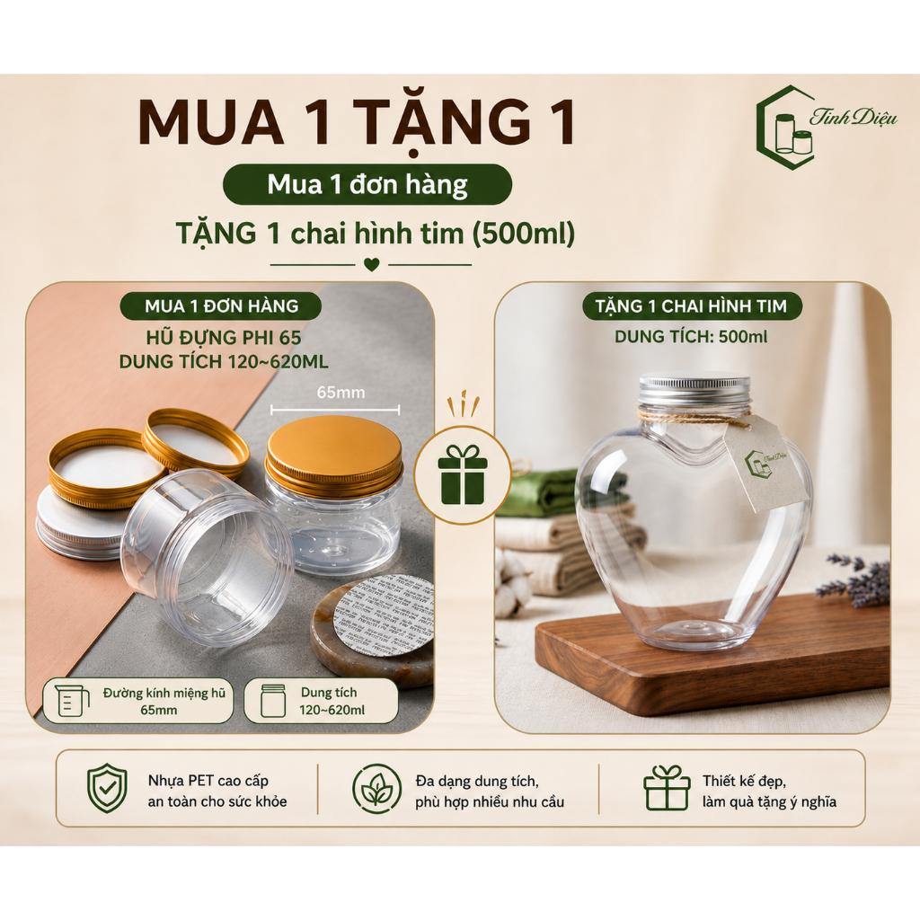 Combo 25 Hũ Nhựa PET Miệng Phi 65 Nắp Vặn Kèm Seal - Đựng Đồ Uống, Thực Phẩm - Tặng 1 Chai Tim