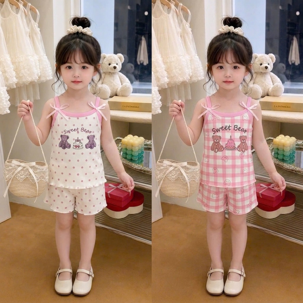 SÉT BỘ 2 DÂY IN HÌNH GẤU DỄ THƯƠNG CHO BÉ GÁI sz từ 9-22kg CHẤT LIỆU THUN TĂM MỀM MỊN THOÁNG MÁT