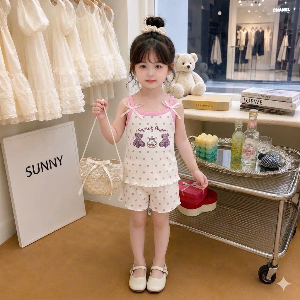 SÉT BỘ 2 DÂY IN HÌNH GẤU DỄ THƯƠNG CHO BÉ GÁI sz từ 9-22kg CHẤT LIỆU THUN TĂM MỀM MỊN THOÁNG MÁT