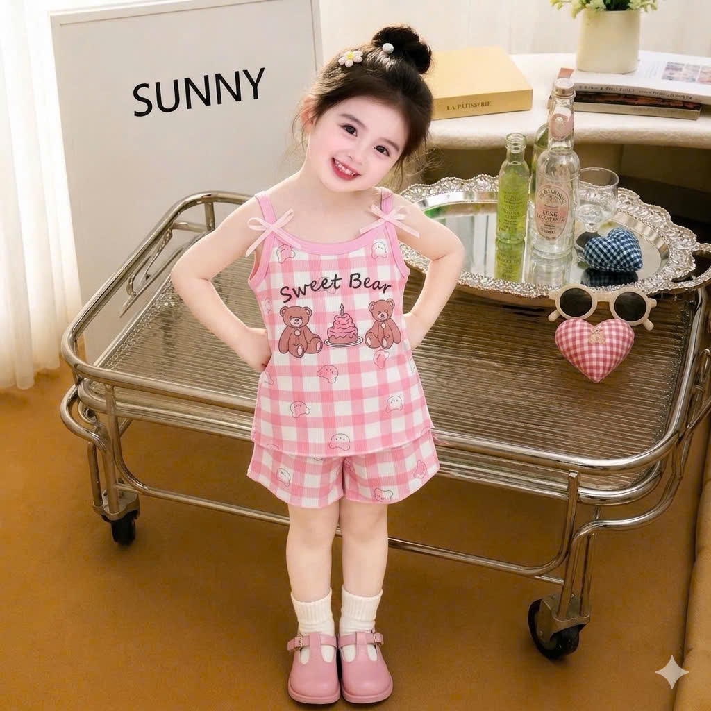 SÉT BỘ 2 DÂY IN HÌNH GẤU DỄ THƯƠNG CHO BÉ GÁI sz từ 9-22kg CHẤT LIỆU THUN TĂM MỀM MỊN THOÁNG MÁT