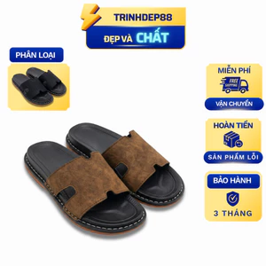 Dép Nam, Dép Da Quai Ngang Chữ H Cao Cấp, Khâu Đế Thủ Công Bền Chắc Êm Chân Chống Trượt, Size 38-44, Bảo Hành 12 Tháng