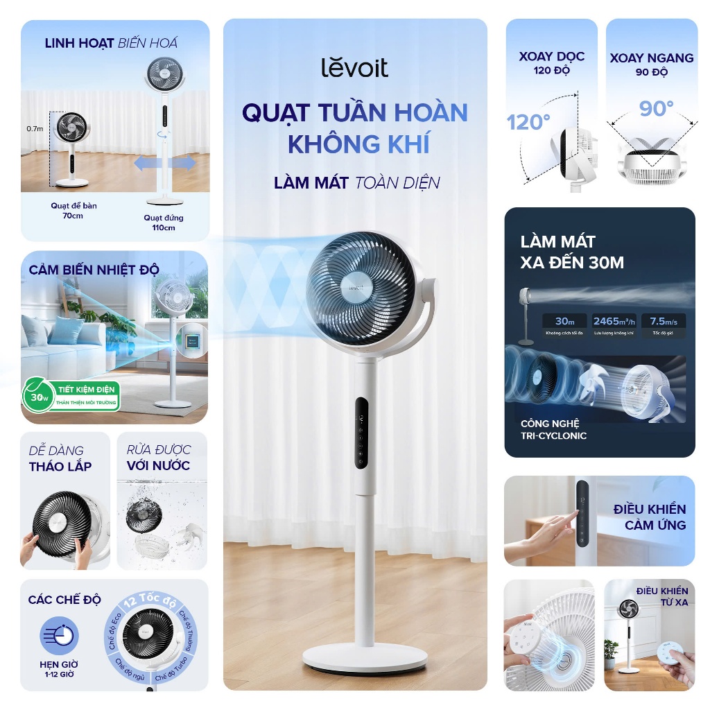 Quạt Tuần Hoàn Không Khí Levoit CirculAir 22.9cm Mát Đến 30m, 12 Tốc Độ, Có Cảm Biến Nhiệt Độ