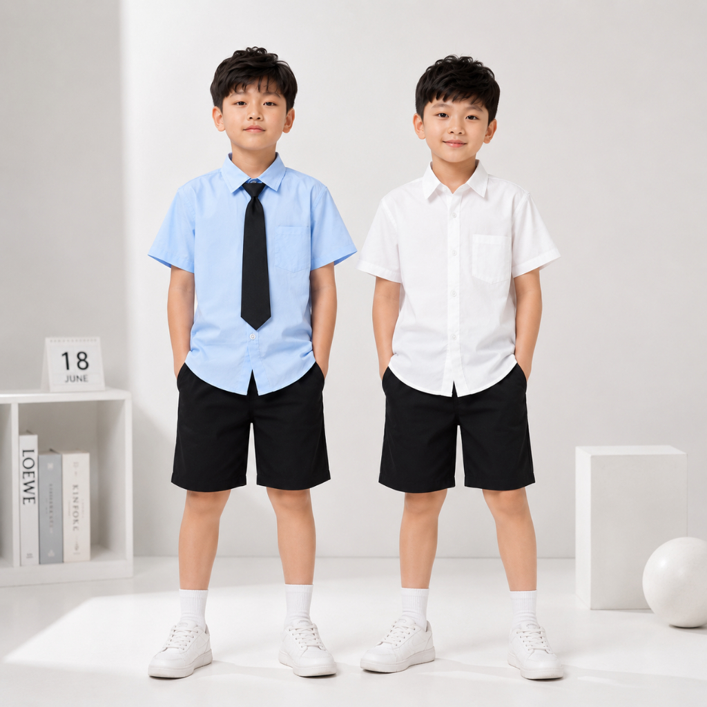 Áo Sơ Mi CỘC/DÀI TRƠN Cho Bé Trai, Chất Thô Mềm, Mịn Mỏng, Mát phong cách, lịch sự, 2 màu trắng, xanh. SIZE từ 17-60kg