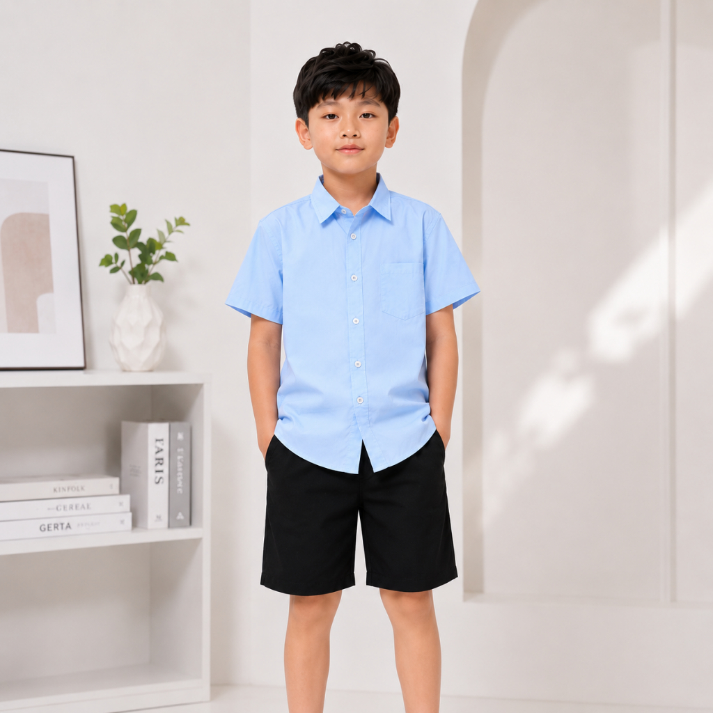 Áo Sơ Mi CỘC/DÀI TRƠN Cho Bé Trai, Chất Thô Mềm, Mịn Mỏng, Mát phong cách, lịch sự, 2 màu trắng, xanh. SIZE từ 17-60kg