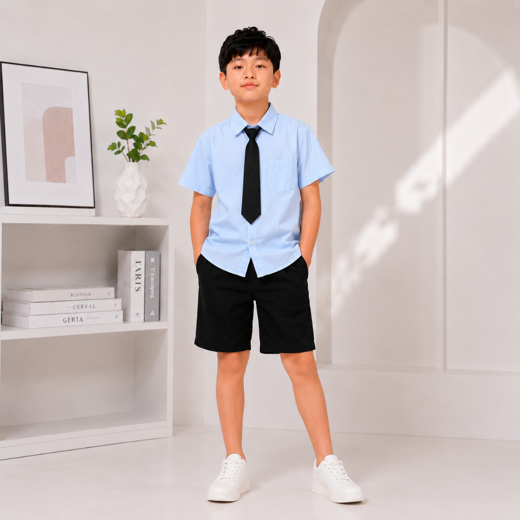 Áo Sơ Mi CỘC/DÀI TRƠN Cho Bé Trai, Chất Thô Mềm, Mịn Mỏng, Mát phong cách, lịch sự, 2 màu trắng, xanh. SIZE từ 17-60kg