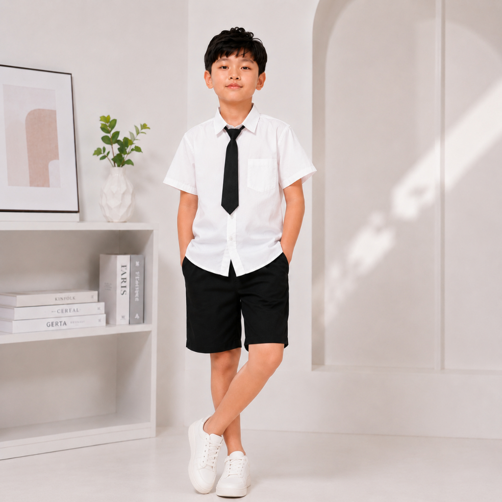 Áo Sơ Mi CỘC/DÀI TRƠN Cho Bé Trai, Chất Thô Mềm, Mịn Mỏng, Mát phong cách, lịch sự, 2 màu trắng, xanh. SIZE từ 17-60kg