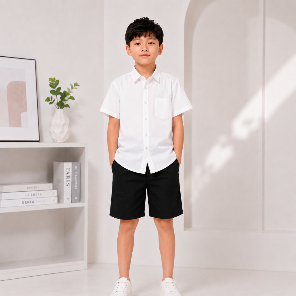 Áo Sơ Mi CỘC/DÀI TRƠN Cho Bé Trai, Chất Thô Mềm, Mịn Mỏng, Mát phong cách, lịch sự, 2 màu trắng, xanh. SIZE từ 17-60kg