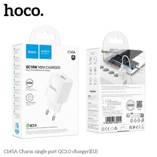 Cốc sạc Hoco C145A cổng USB-A QC3.0 18W, chân tròn EU (Trắng)