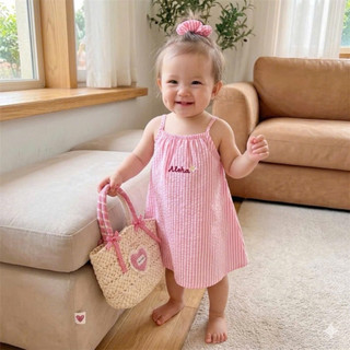 (EMXINH Baby Kids x Tặng Buộc Tóc) Váy 2 Dây Bé Gái Mặc Đi Biển, Đi Chơi Vải Mềm Mát Hoạ Tiết Kẻ Sọc (8-22kg) V001