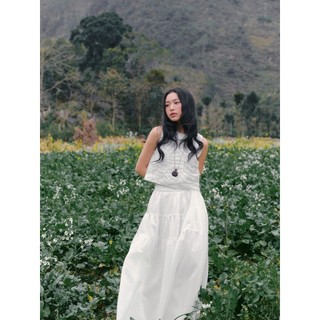 Set OLV áo và chân váy phong cách nhẹ nhàng White Ruched Tiered Maxi Set
