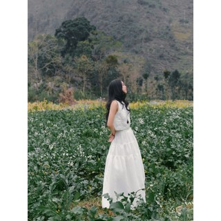 Set OLV áo và chân váy phong cách nhẹ nhàng White Ruched Tiered Maxi Set