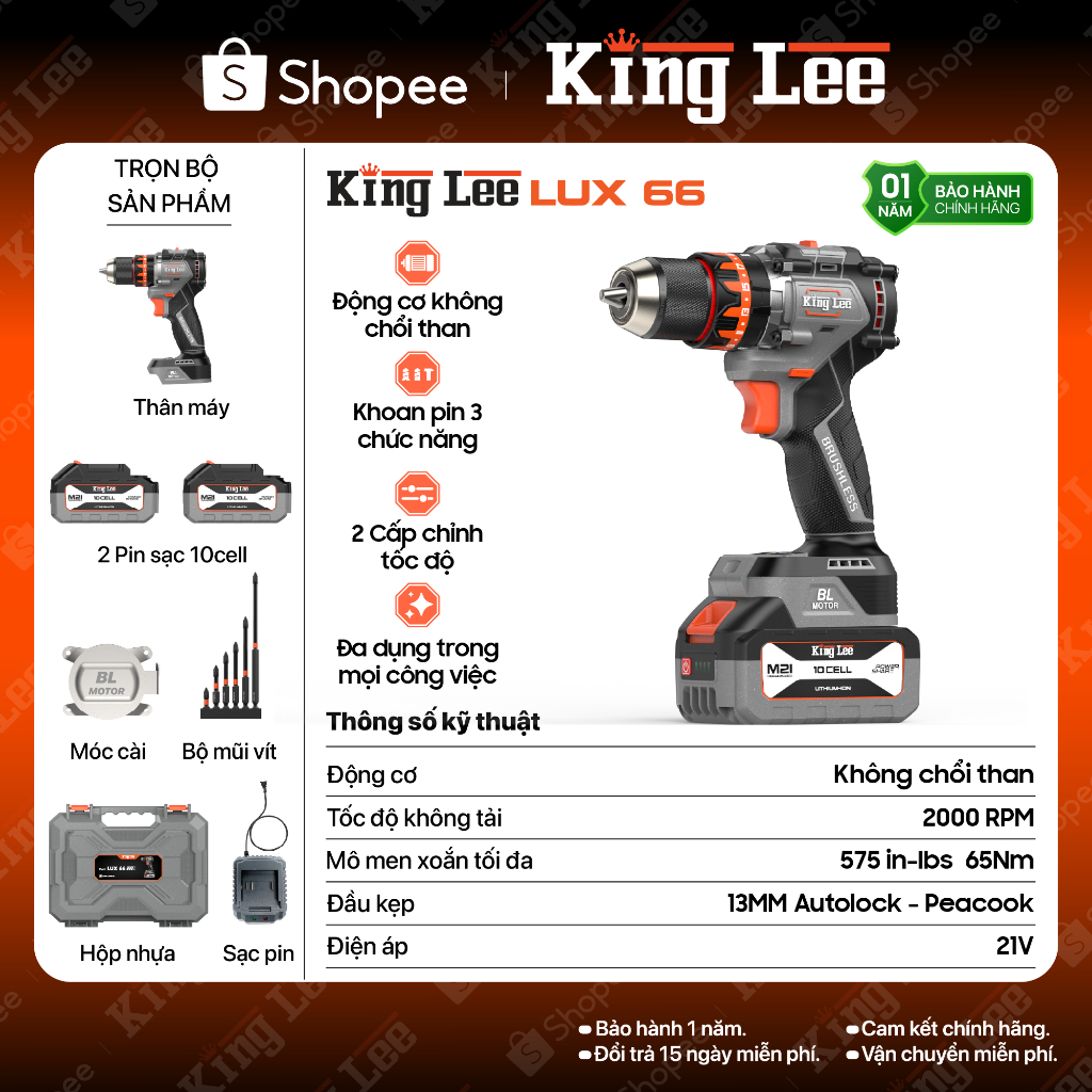 Máy Khoan pin Lux 66 King lee - Không Chổi Than, Đầu Kẹp 13mm,Lực 65Nm