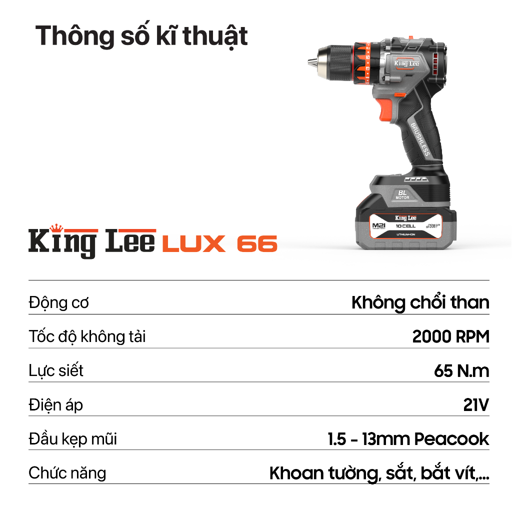 Máy Khoan pin Lux 66 King lee - Không Chổi Than, Đầu Kẹp 13mm,Lực 65Nm