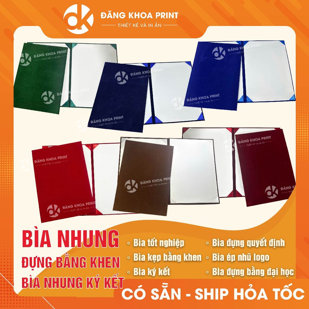 Bìa nhung kẹp chứng chỉ - Bìa nhung trình ký - Bìa nhung đựng giấy khen, bằng khen. Có nhận ép nhũ logo theo yêu cầu