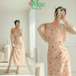 Set đầm nàng thơ, váy đi biển, đầm lụa hoa cổ yếm có mút ngực kèm áo khoác tăm giấy