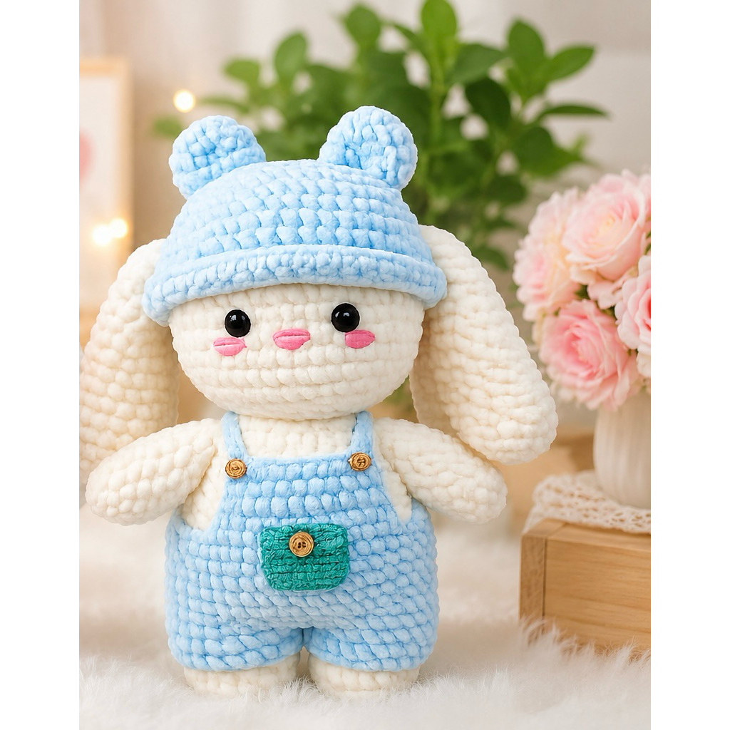 Quà tặng gấu bông thỏ tai dài len nhung đũa handmade sản phẩm thủ công