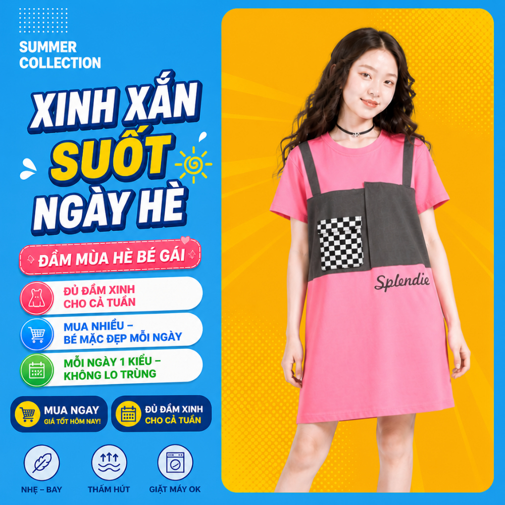 Váy Bé Gái Mùa Hè Cotton Mềm Mát – Đầm Suông Phối Yếm Cho Bé B160 | JJ Kids Fashion