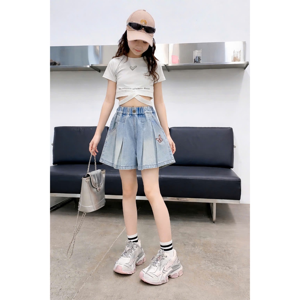 QUẦN SHORT JEAN LƯNG CHUN XẾP LY HỌA TIẾT XIÊU XINH CHO BÉ GÁI