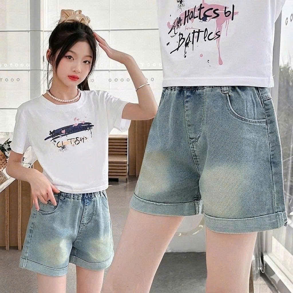 QUẦN SHORT JEAN LƯNG CHUN XẾP LY HỌA TIẾT XIÊU XINH CHO BÉ GÁI